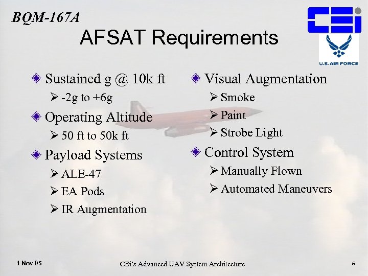 BQM-167 A AFSAT Requirements Sustained g @ 10 k ft Ø -2 g to