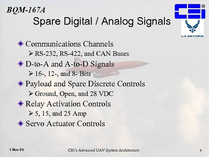 BQM-167 A Spare Digital / Analog Signals Communications Channels Ø RS-232, RS-422, and CAN