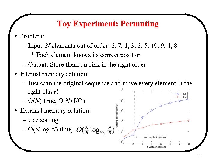 Toy Experiment: Permuting • Problem: – Input: N elements out of order: 6, 7,