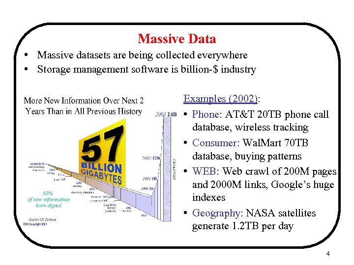 Massive Data • Massive datasets are being collected everywhere • Storage management software is