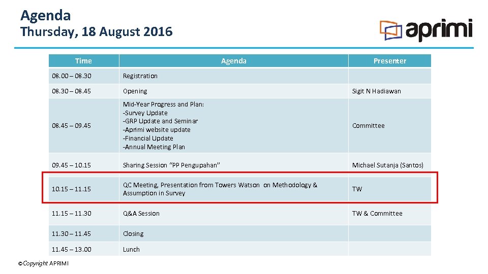 Agenda Thursday, 18 August 2016 Time Agenda Presenter 08. 00 – 08. 30 –