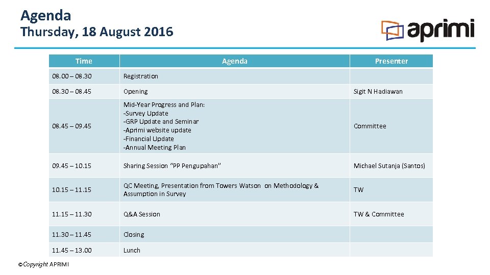 Agenda Thursday, 18 August 2016 Time Agenda Presenter 08. 00 – 08. 30 –