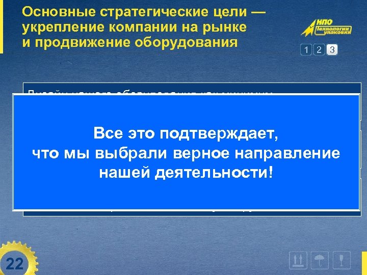 Основные стратегические цели — укрепление компании на рынке и продвижение оборудования 1 2 3