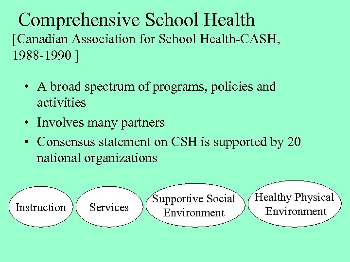 Comprehensive School Health [Canadian Association for School Health-CASH, 1988 -1990 ] • A broad