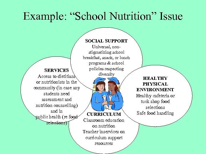 Example: “School Nutrition” Issue SOCIAL SUPPORT Universal, nonstigmatizing school breakfast, snack, or lunch programs