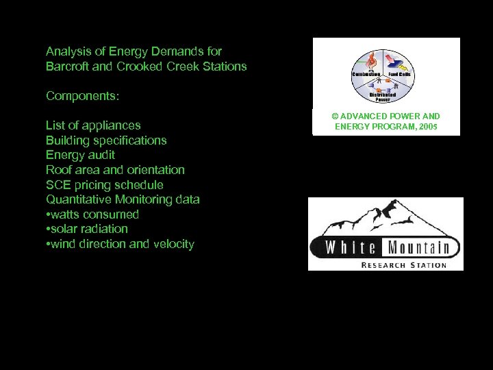Analysis of Energy Demands for Barcroft and Crooked Creek Stations Components: List of appliances
