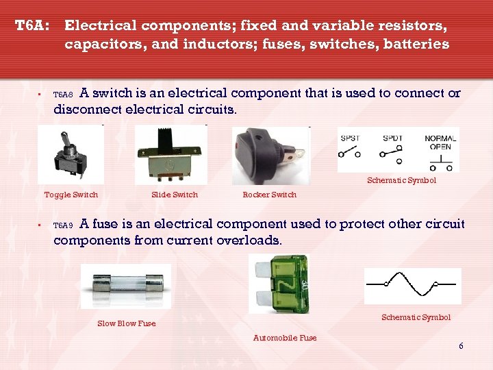 T 6 A: Electrical components; fixed and variable resistors, capacitors, and inductors; fuses, switches,