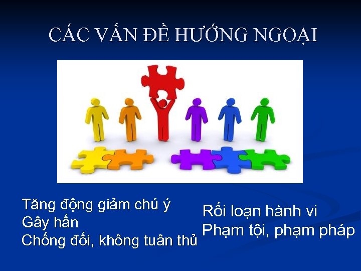 CÁC VẤN ĐỀ HƯỚNG NGOẠI Tăng động giảm chú ý Rối loạn hành vi