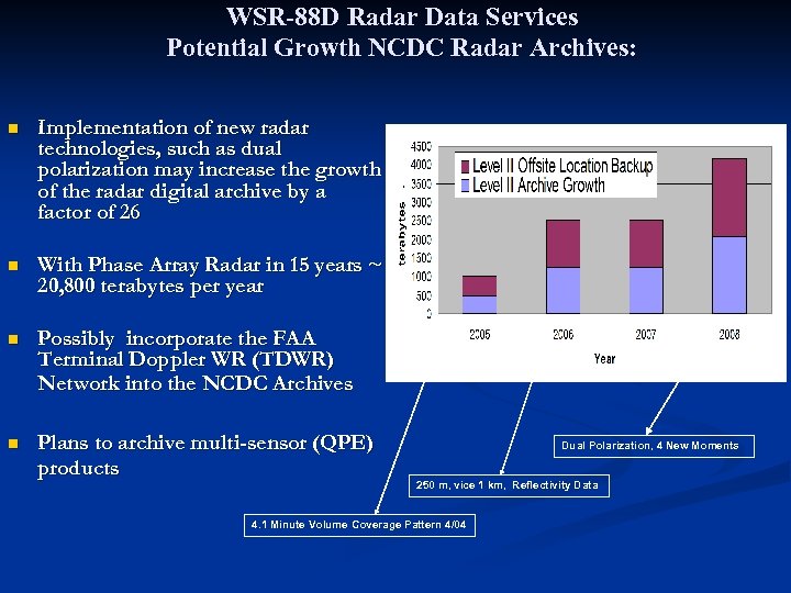 WSR-88 D Radar Data Services Potential Growth NCDC Radar Archives: n Implementation of new