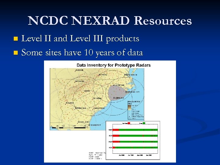 NCDC NEXRAD Resources Level II and Level III products n Some sites have 10