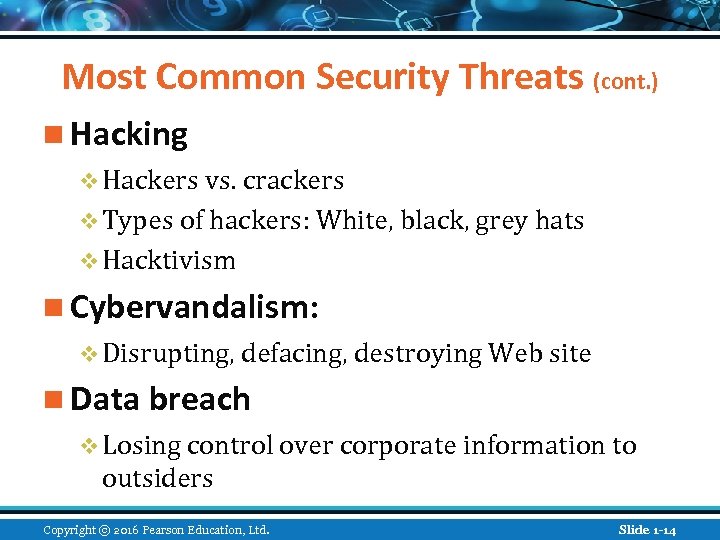 Most Common Security Threats (cont. ) n Hacking v Hackers vs. crackers v Types