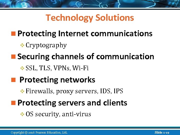 Technology Solutions n Protecting Internet communications v Cryptography n Securing channels of communication v