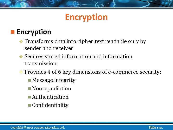 Encryption n Encryption v Transforms data into cipher text readable only by sender and