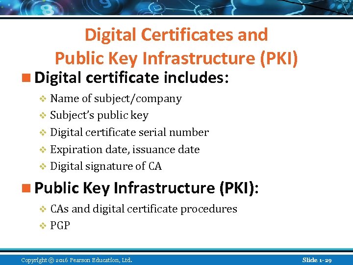 Digital Certificates and Public Key Infrastructure (PKI) n Digital certificate includes: v Name of