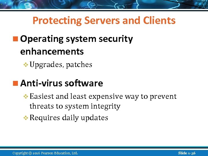 Protecting Servers and Clients n Operating system security enhancements v Upgrades, patches n Anti-virus