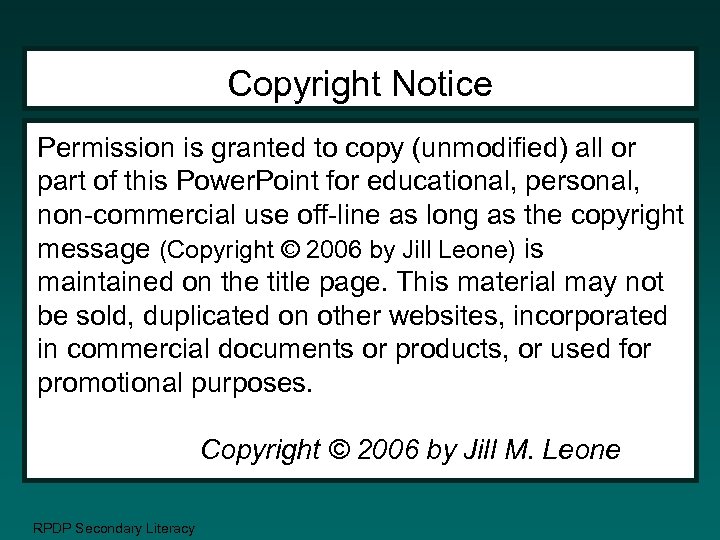 Copyright Notice Permission is granted to copy (unmodified) all or part of this Power.
