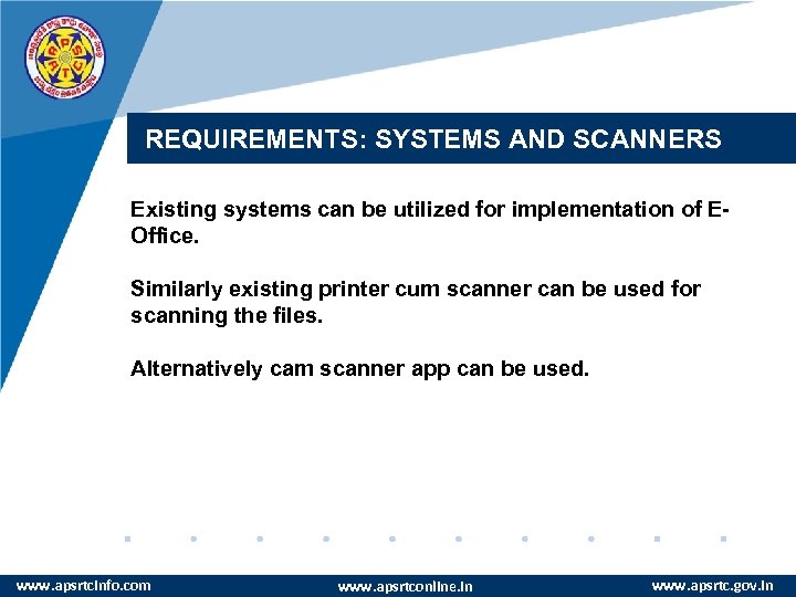 REQUIREMENTS: SYSTEMS AND SCANNERS Existing systems can be utilized for implementation of EOffice. Similarly