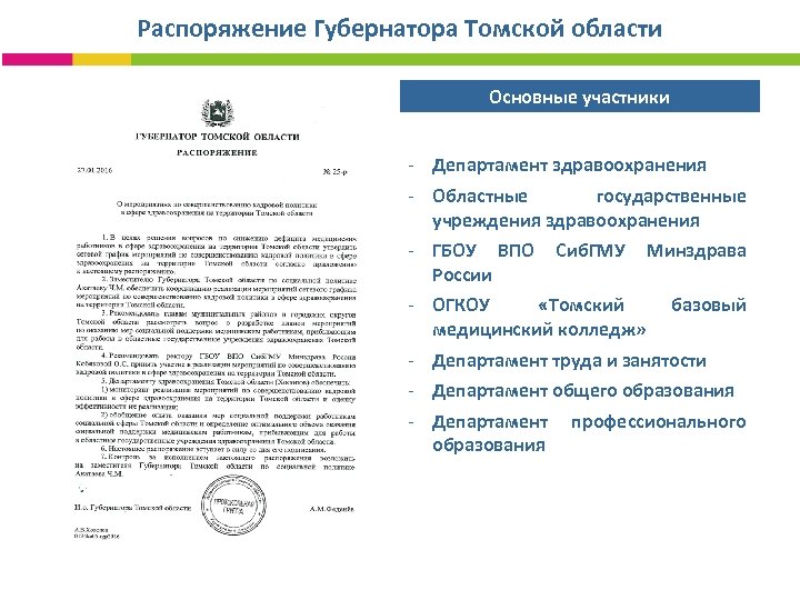 Распоряжение Губернатора Томской области Основные участники - Департамент здравоохранения - Областные государственные учреждения здравоохранения