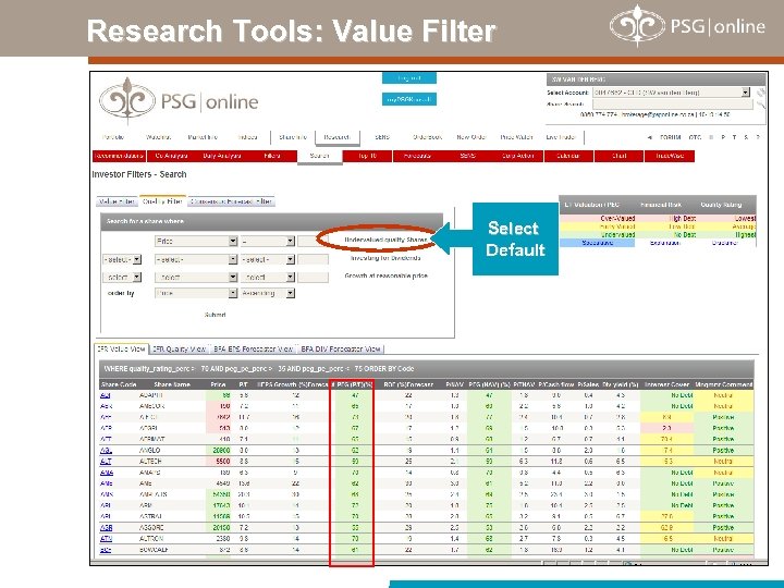 Research Tools: Value Filter Select Default 