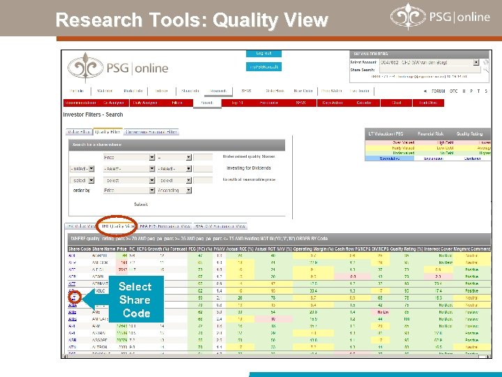 Research Tools: Quality View Select Share Code 