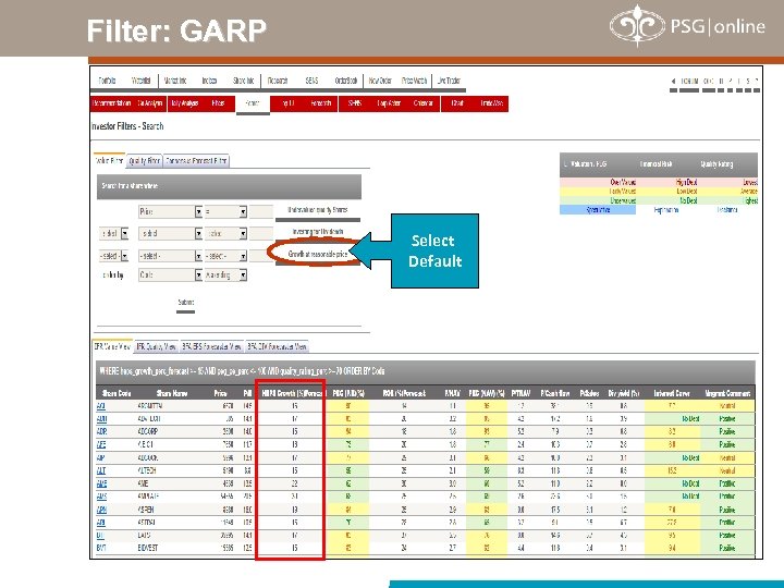 Filter: GARP Select Default 
