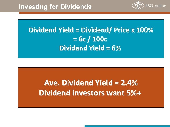 Investing for Dividends Dividend Yield = Dividend/ Price x 100% = 6 c /