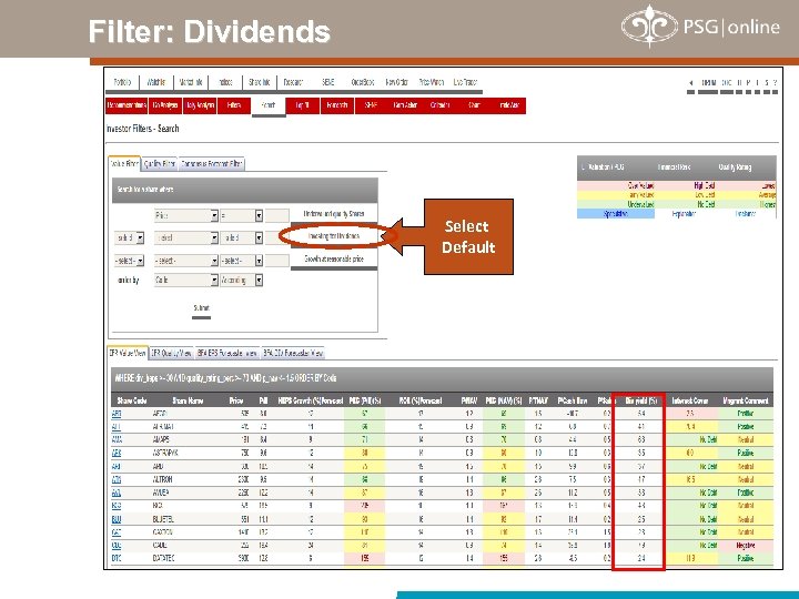 Filter: Dividends Select Default 