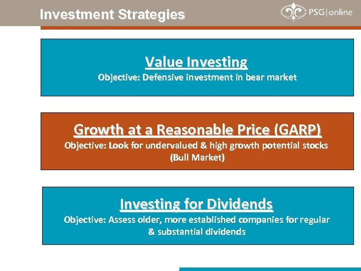 Investment Strategies Value Investing Objective: Defensive investment in bear market Growth at a Reasonable