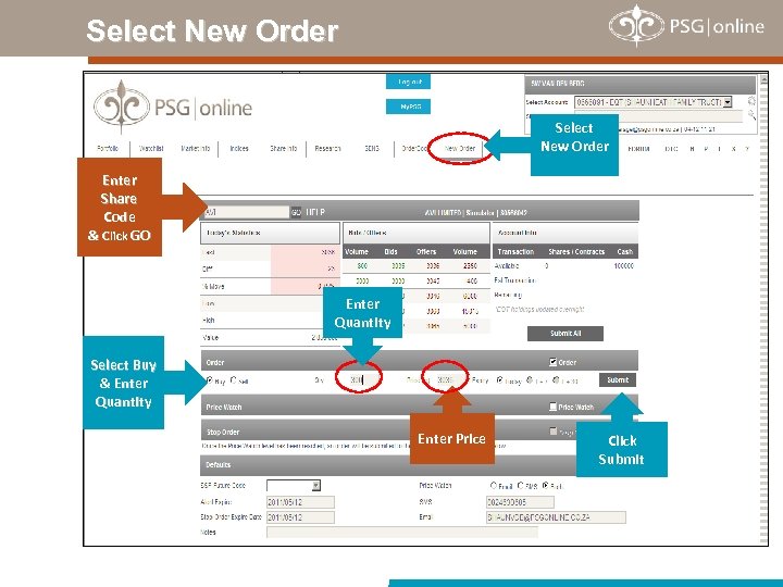 Select New Order Enter Share Code & Click GO Enter Quantity Select Buy &