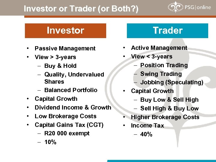 Investor or Trader (or Both? ) Investor • Passive Management • View > 3