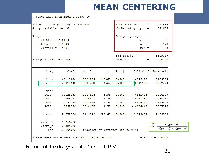 MEAN CENTERING Return of 1 extra year of educ. = 0. 19% 20 