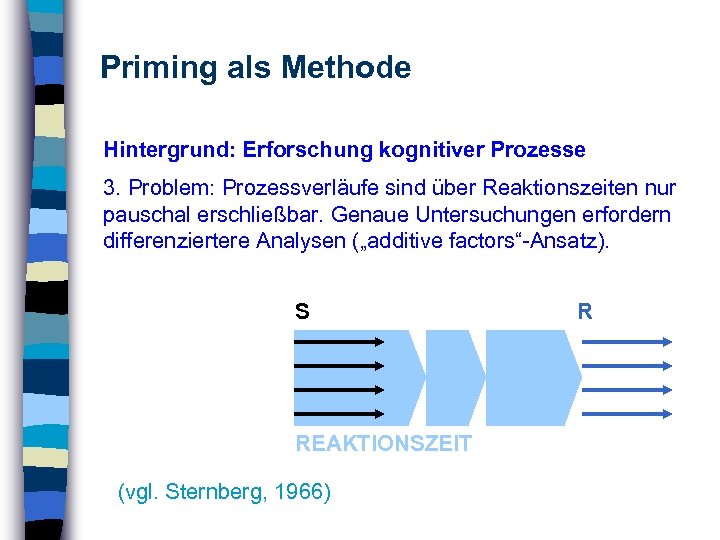 Priming als Methode Hintergrund: Erforschung kognitiver Prozesse 3. Problem: Prozessverläufe sind über Reaktionszeiten nur