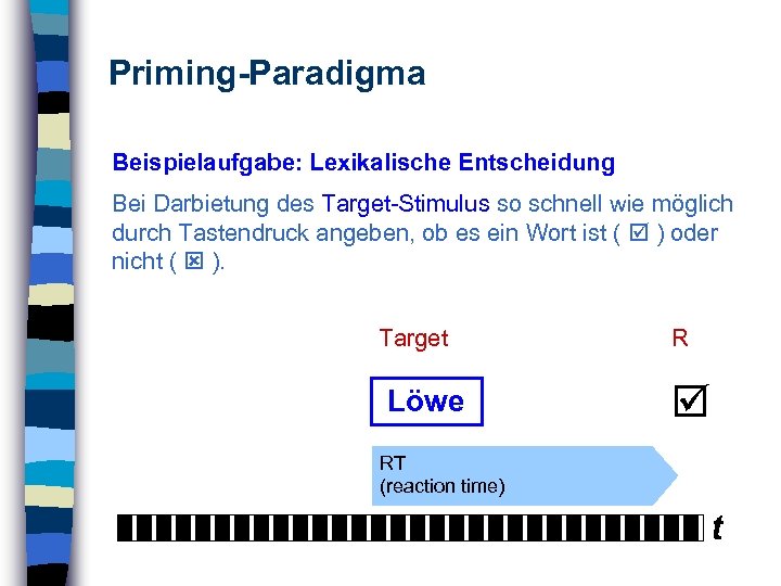 Priming-Paradigma Beispielaufgabe: Lexikalische Entscheidung Bei Darbietung des Target-Stimulus so schnell wie möglich durch Tastendruck