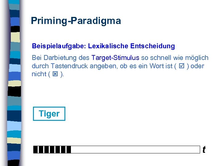 Priming-Paradigma Beispielaufgabe: Lexikalische Entscheidung Bei Darbietung des Target-Stimulus so schnell wie möglich durch Tastendruck