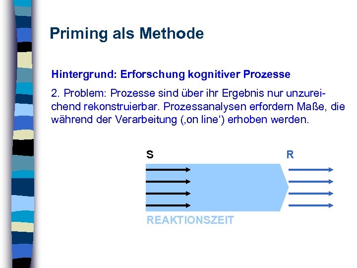 Priming als Methode Hintergrund: Erforschung kognitiver Prozesse 2. Problem: Prozesse sind über ihr Ergebnis