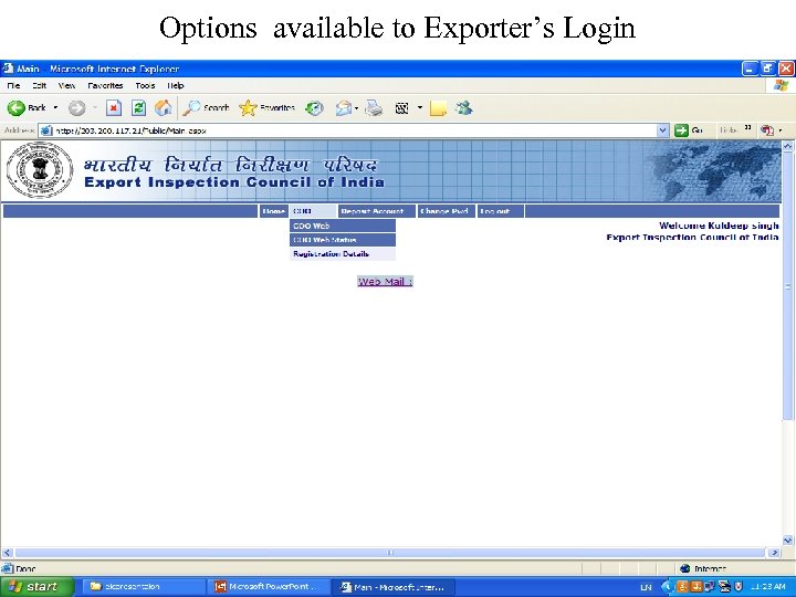 Options available to Exporter’s Login 