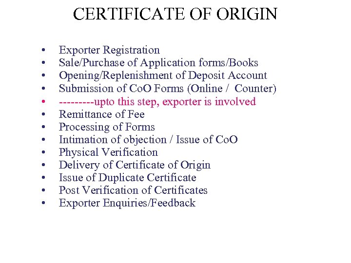CERTIFICATE OF ORIGIN • • • • Exporter Registration Sale/Purchase of Application forms/Books Opening/Replenishment