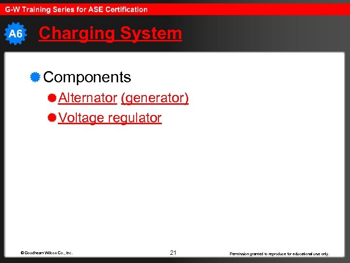 Charging System Components Alternator (generator) Voltage regulator © Goodheart-Willcox Co. , Inc. 21 Permission