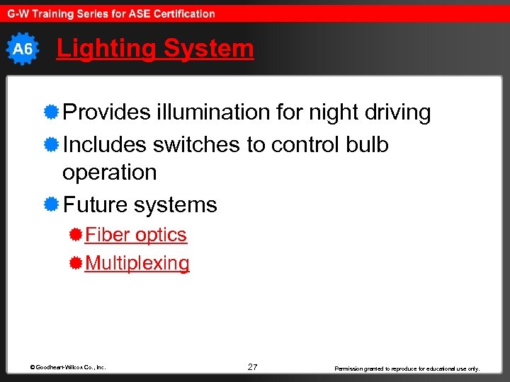 Lighting System Provides illumination for night driving Includes switches to control bulb operation Future