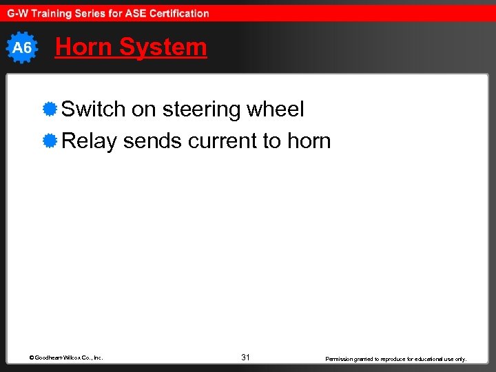 Horn System Switch on steering wheel Relay sends current to horn © Goodheart-Willcox Co.