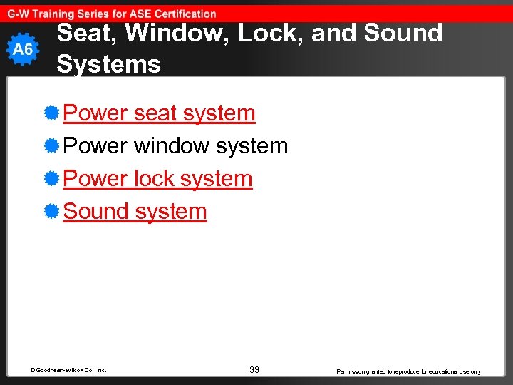 Seat, Window, Lock, and Sound Systems Power seat system Power window system Power lock