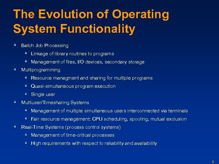 The Evolution of Operating System Functionality Batch Job Processing Linkage of library routines to