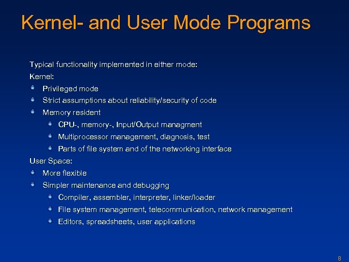 Kernel- and User Mode Programs Typical functionality implemented in either mode: Kernel: Privileged mode