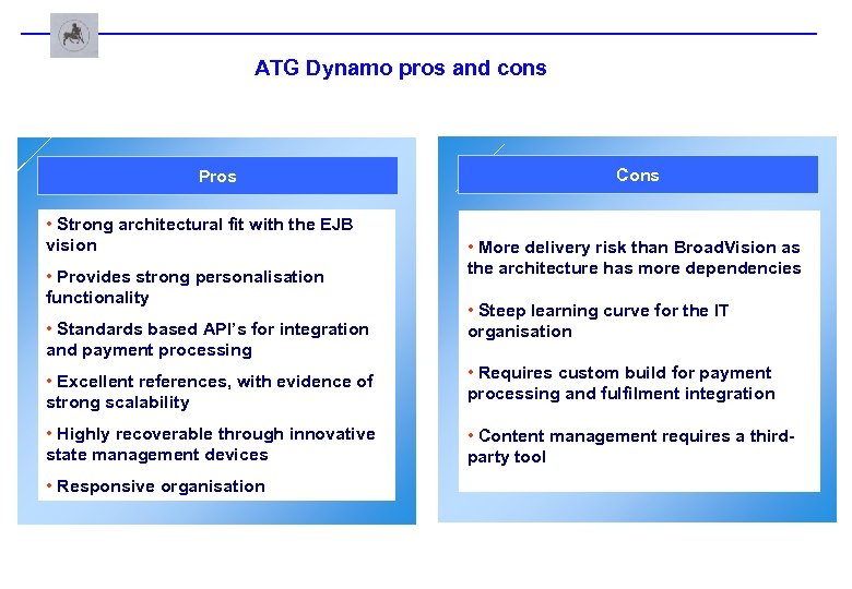 ATG Dynamo pros and cons Pros • Strong architectural fit with the EJB vision