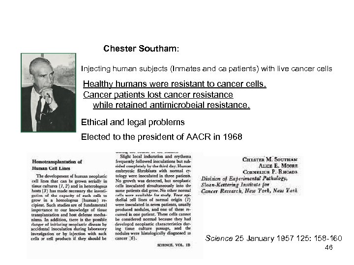 Chester Southam: Injecting human subjects (Inmates and ca patients) with live cancer cells Healthy