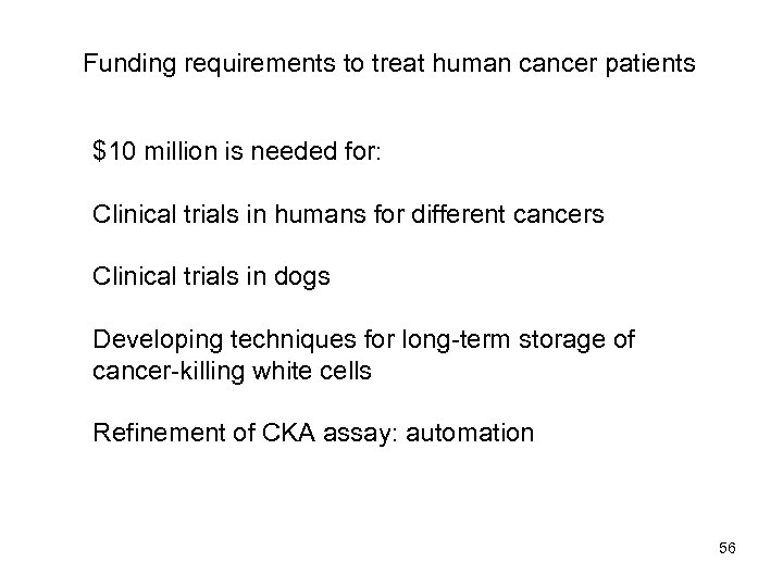 Funding requirements to treat human cancer patients $10 million is needed for: Clinical trials