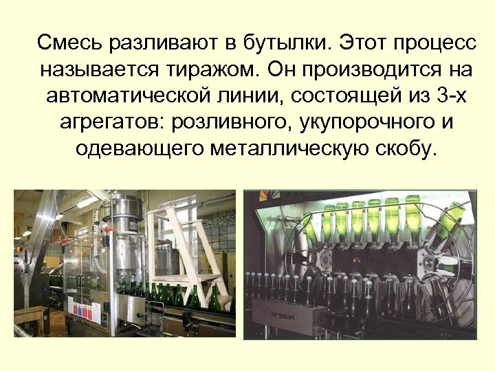  Смесь разливают в бутылки. Этот процесс называется тиражом. Он производится на автоматической линии,