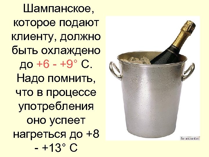  Шампанское, которое подают клиенту, должно быть охлаждено до +6 - +9° С. Надо