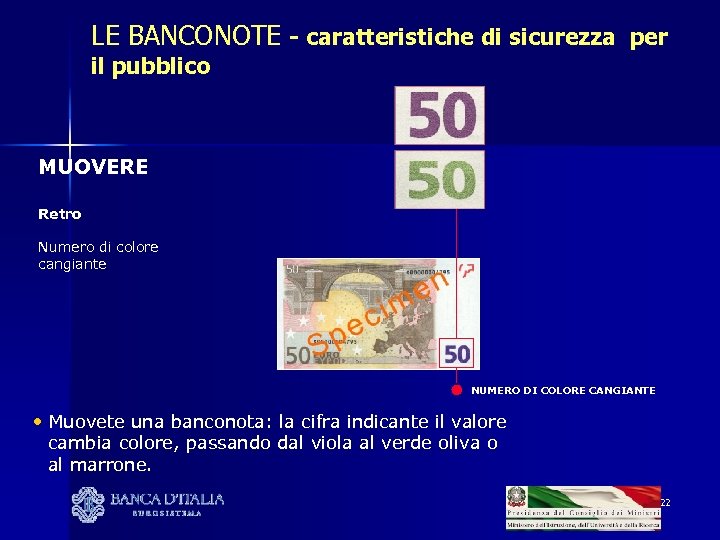 LE BANCONOTE - caratteristiche di sicurezza per il pubblico MUOVERE Retro Numero di colore