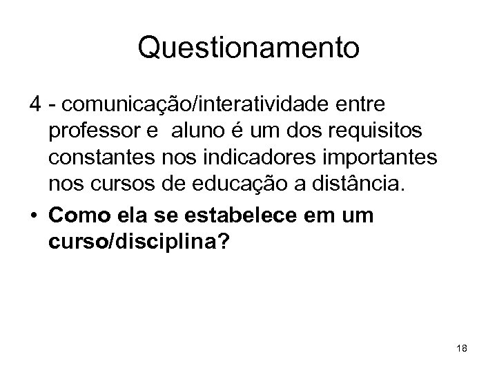 Questionamento 4 - comunicação/interatividade entre professor e aluno é um dos requisitos constantes nos